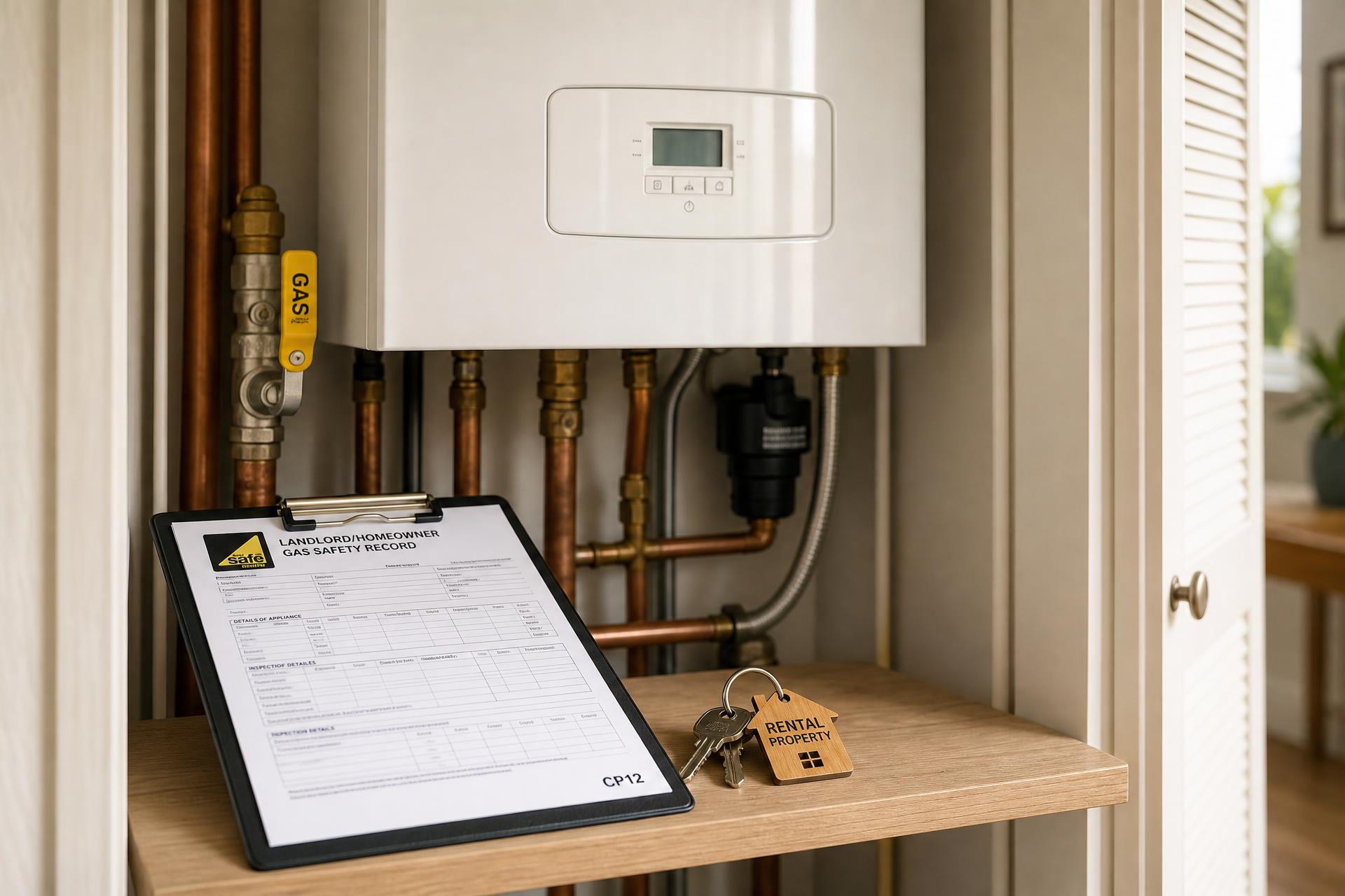 Wall-hung combi boiler with landlord/homeowner gas safety record (CP12) and rental property keys ready for an annual inspection